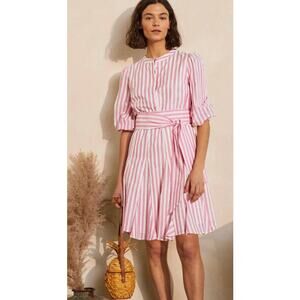 chinese dress ladies Ora Linen Blend Shirt Dress-Navy Ivory Stripe